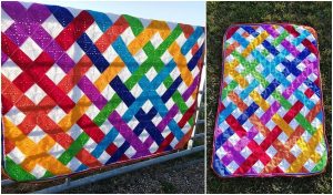 Two vibrant quilts with a diamond pattern, reminiscent of a crochet design, are artfully arranged—one draped over a railing and the other set on lush grass.