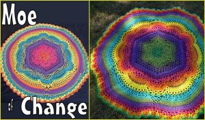 Two colorful crocheted mandalas are displayed. The left one, labeled "Moe of Change" against a dark backdrop, is paired with a free crochet pattern. The right one, perfect for inspiring a baby blanket design, rests elegantly on the grass. Both feature intricate rainbow patterns.