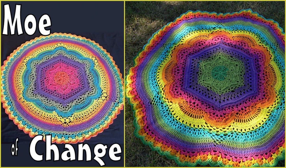 Two colorful crocheted mandalas are displayed. The left one, labeled "Moe of Change" against a dark backdrop, is paired with a free crochet pattern. The right one, perfect for inspiring a baby blanket design, rests elegantly on the grass. Both feature intricate rainbow patterns.