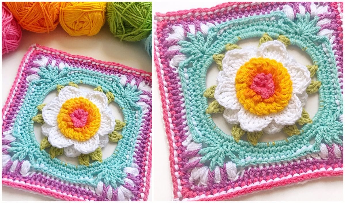 Close-up of a crocheted square showcasing a Picture Perfect Peony at its center, surrounded by multicolored yarn. The intricate design features pink, teal, white, yellow, and green details—a delightful element straight from a free crochet pattern.