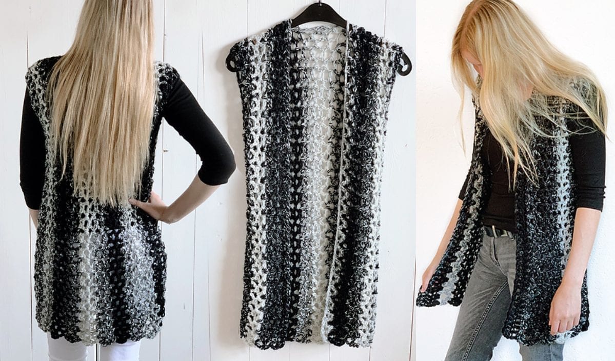 A woman models a black and white crocheted vest, showcasing both the front and back views while dressed casually. This stylish piece draws inspiration from a classic crochet pattern, elegantly displayed on a black hanger.