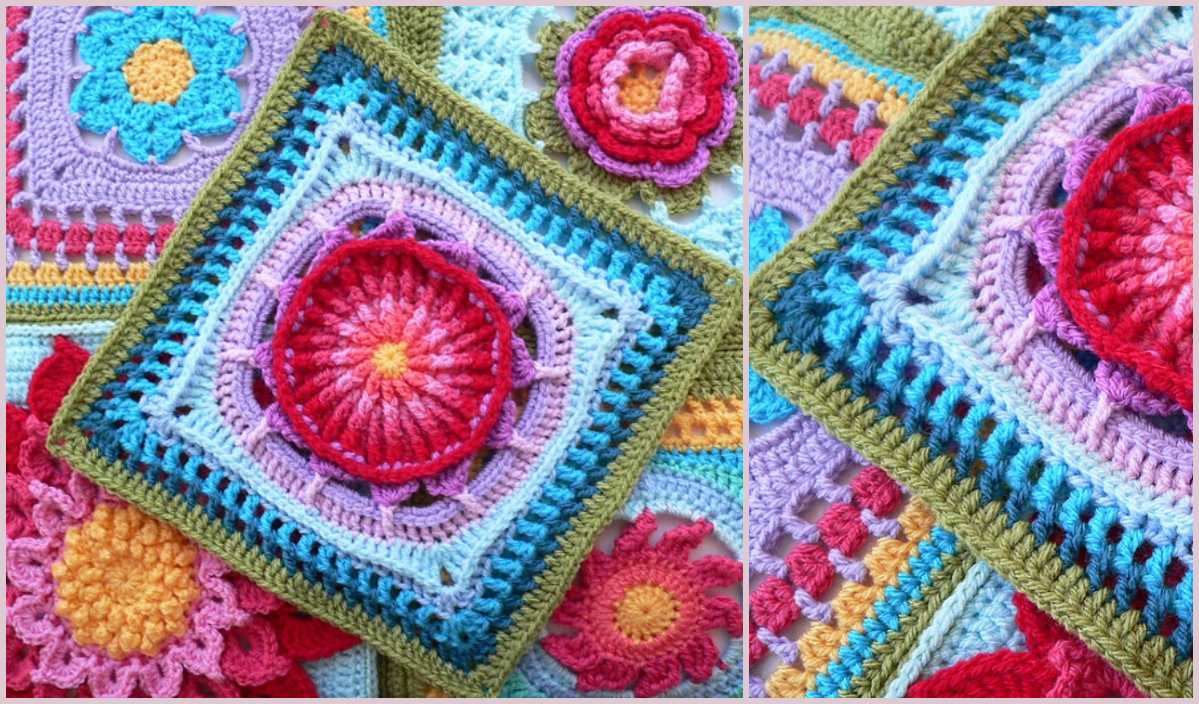 A collection of colorful crocheted squares and floral patterns arranged side by side, showcasing intricate designs and vibrant hues, reminiscent of a ribbed potholder from a free crochet pattern.