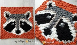 Discover a charming C2C crochet pattern showcasing a raccoon face on a vibrant orange background, perfect for adding character to your creations.