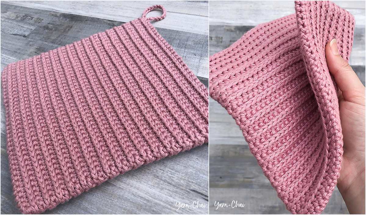 Two images of a charming pink ribbed potholder. The first image shows it flat on a surface, while the second highlights its texture and thickness as it's held.