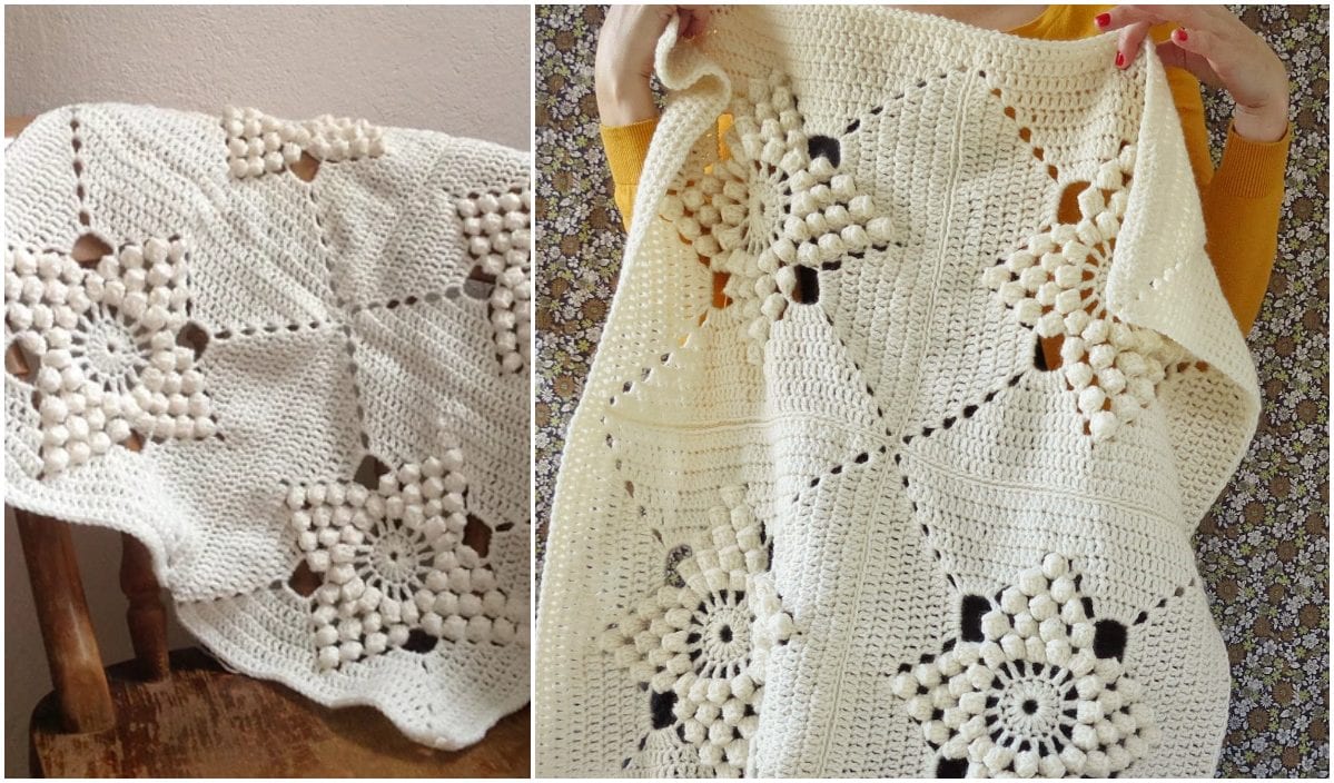 Two images of a crocheted blanket featuring a pattern of large flower motifs in a light cream color. One image shows the blanket draped over a chair, and the other is held up by a person, highlighting its intricate crochet pattern—perfect for cuddling like a sleepy bunny.