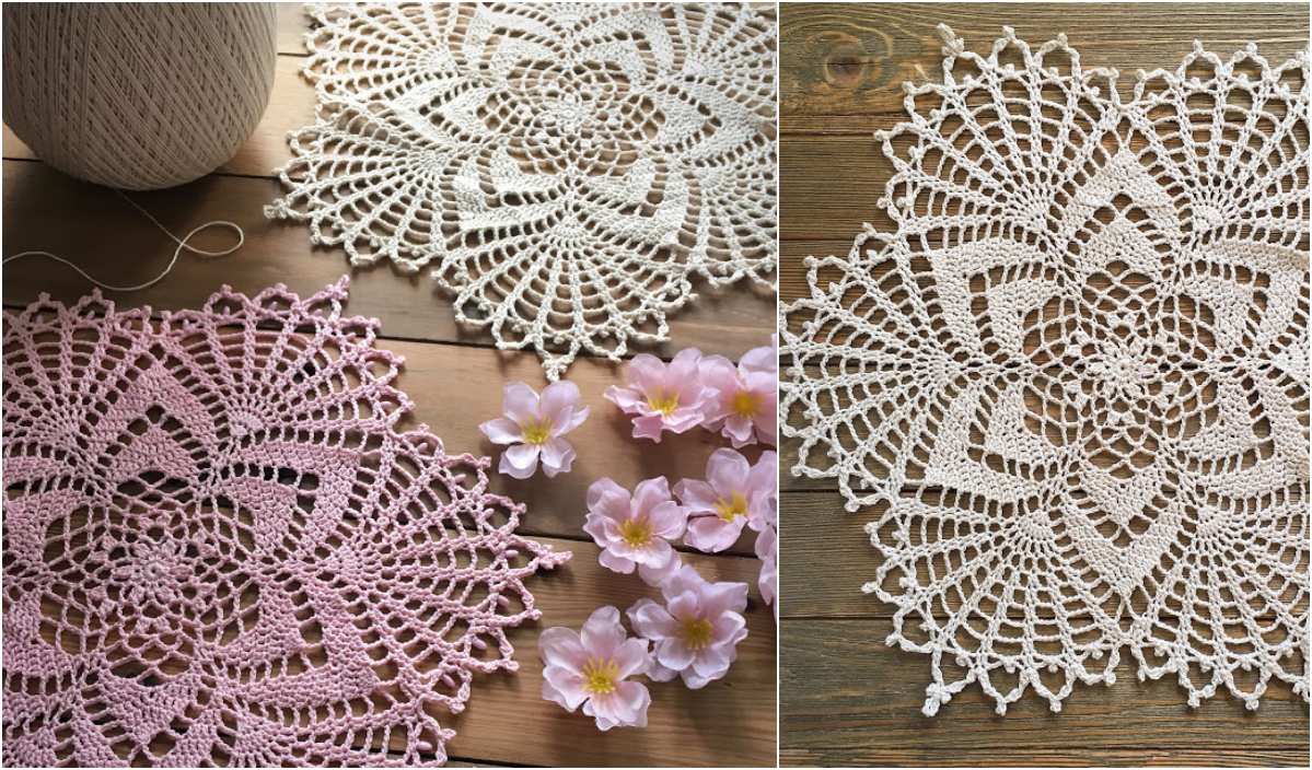 Two crocheted doilies, one pink and one beige, are displayed alongside a spool of thread and pink flowers on a wooden surface, reminiscent of the cozy charm found in free crochet patterns for baby items.