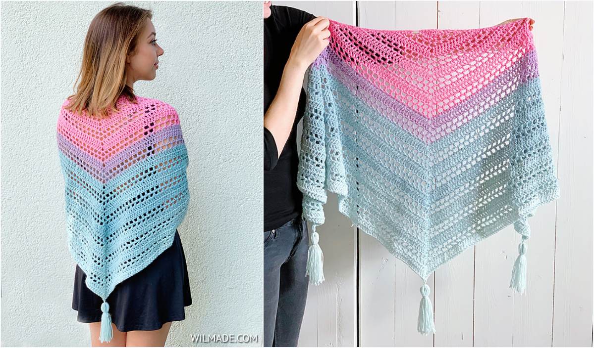 A woman wears a simple shawl, showcasing a beautiful crochet gradient from pink to blue. A separate image displays the shawl's intricate pattern. Tassels adorn the corners, adding charm to this artistic creation, for which you can find a free crochet pattern online.