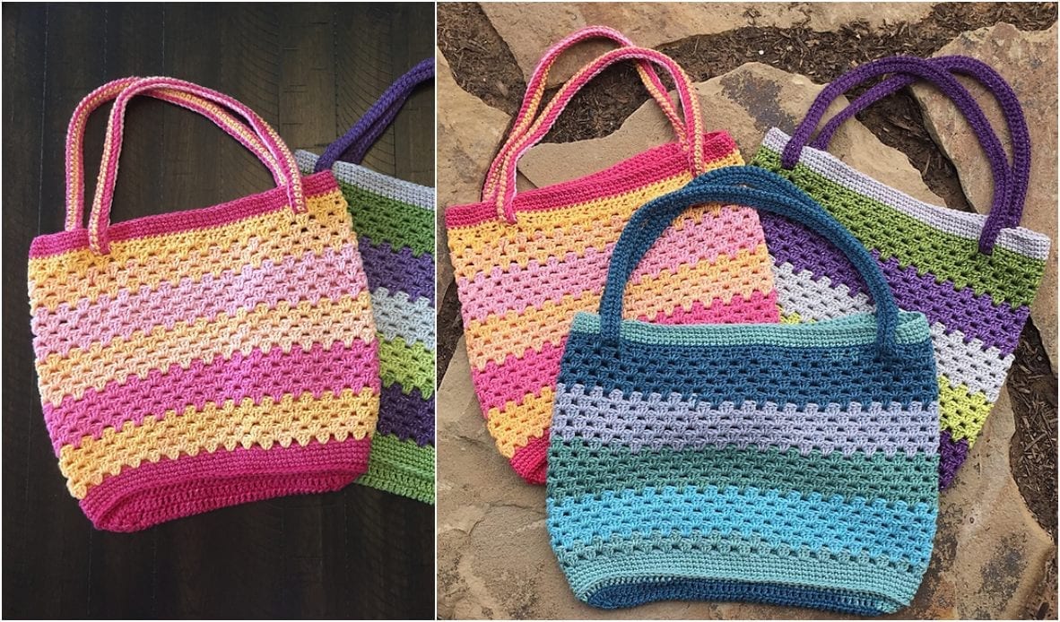 Three colorful, striped crocheted bags burst with charm—a perfect showcase of creative design. The first mingles pink and yellow, the second dances in pink and purple, and the third sways in blue and green—all elegantly resting on a stone and wood surface. Discover your next free crochet pattern today!