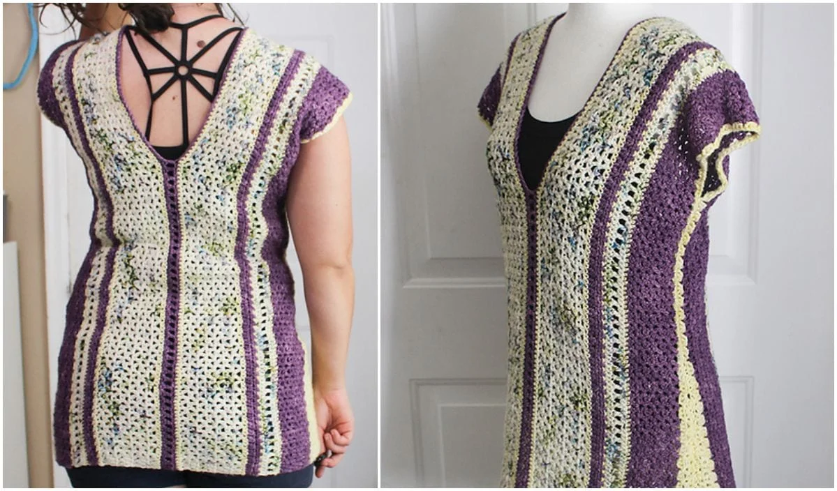 Two images feature a mannequin and a person adorned in a crocheted, short-sleeve tunic with purple, white, and yellow vertical stripes. The captivating design showcases a star-shaped pattern on a black undershirt.