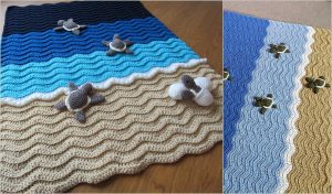 Discover the charm of a crocheted Turtle Beach Blanket, showcasing a mesmerizing wave pattern in shades of blue and beige, complemented by adorable crocheted turtle figures. Perfect for those seeking a free crochet pattern to create this coastal-inspired piece.