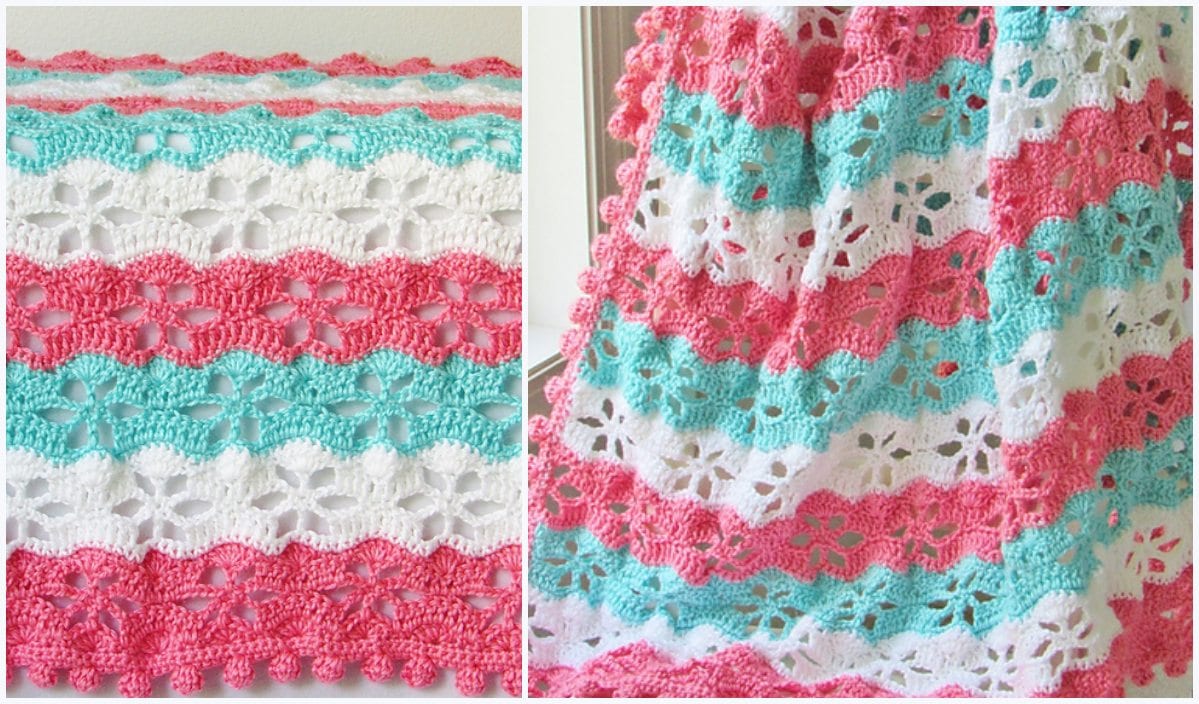 Introducing the Twinkling Star Blanket, a captivating crochet creation with alternating stripes of pink, white, and turquoise featuring a delicate floral pattern. Perfect for adding a touch of charm to any room.