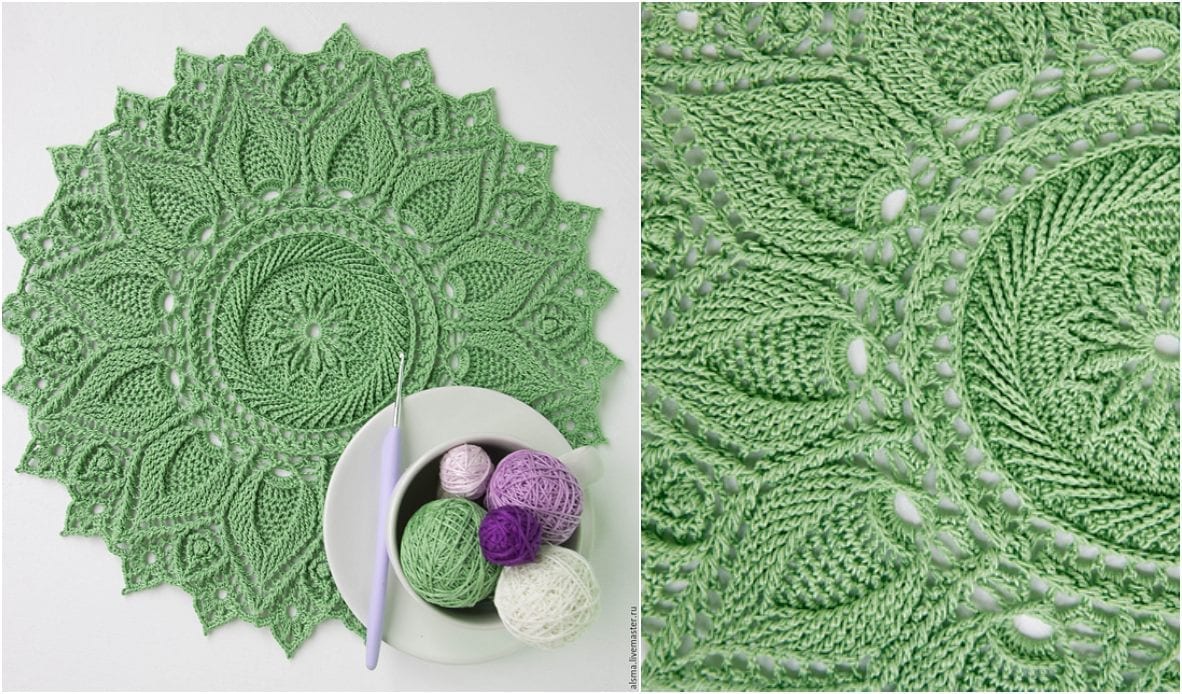 A green crocheted doily with a detailed leaf pattern called the Ulita Doily. A bowl with four balls of yarn and a crochet hook sits beside it. The close-up image on the right shows intricate stitching, perfect for those seeking an inspiring crochet pattern.