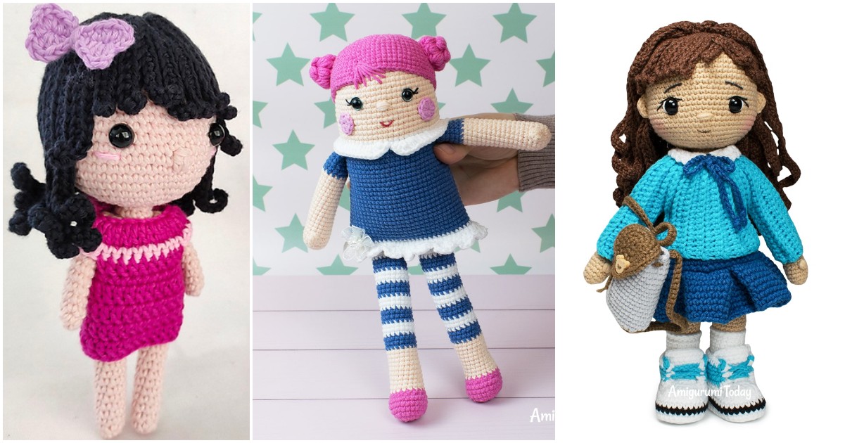 Three amigurumi dolls in various outfits: a pink dress with dark hair, a blue and white ensemble with a pink-haired doll, and a blue school uniform with curly brown locks—all crafted from exquisite crochet patterns.