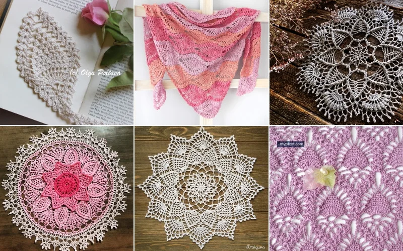 A collage of six crochet patterns, including doilies and a multicolored shawl, showcasing intricate pineapple crochet designs and delicate lacework.