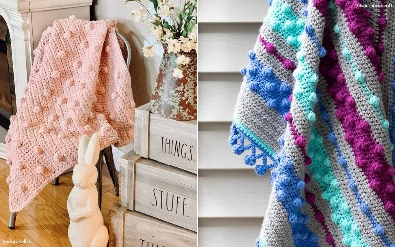 Two crochet blankets: one in pink draped over a chair next to a vase, and another in colorful stripes hanging on a rack. Wooden boxes and a white rabbit figurine are nearby. Explore free patterns to recreate these beautiful crochet designs yourself.