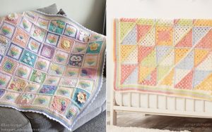 Two colorful crochet blankets are displayed; one is a pastel baby blanket with assorted squares and various motifs, while the other showcases a pattern of triangles. Both feature soft pastel shades and intricate designs.