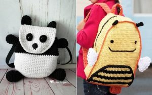 Two crocheted backpacks perfect for kids: one designed like a panda in classic black and white, and the other resembling a cheerful yellow bee with stripes and small wings. Discover these delightful crochet patterns that bring playful charm to any child's accessory collection.