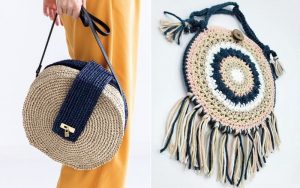 Left: Round straw handbag with a navy strap and clasp. Right: Stylish round crochet bag adorned with fringe and a button closure, featuring navy, pink, and natural colors.
