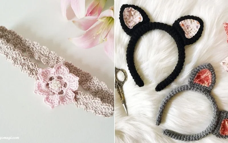 Two crochet headbands: one with a pink flower and two with cat ears in black and gray. Scissors and a pink flower are in the background, showcasing delightful crochet patterns perfect for crafting your own unique headbands.