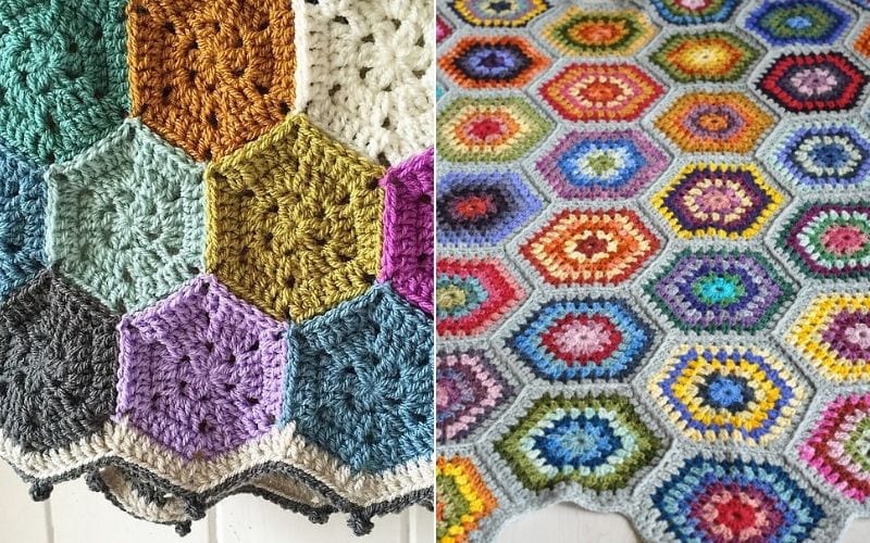 Two beautiful crochet afghans showcase intricate hexagonal patterns. The left one boasts solid-colored hexagons, while the right displays vibrant, multicolored concentric designs. Explore the world of crochet afghans and discover free crochet patterns to inspire your next project.