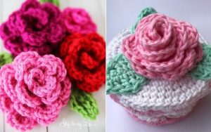Crocheted flowers in pink and red on the left; a crocheted rose atop a round base with green leaves on the right, showcasing stunning crochet patterns.