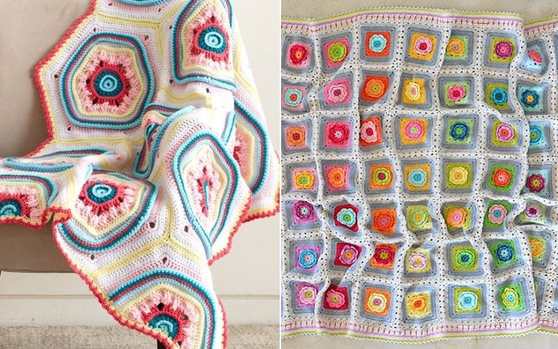 Two colorful crochet blankets: the left one flaunts hexagonal patterns with multicolored layers, while the right one resembles tile blankets with a grid of multicolored squares and circular centers. Discover free crochet patterns to recreate these vibrant designs.