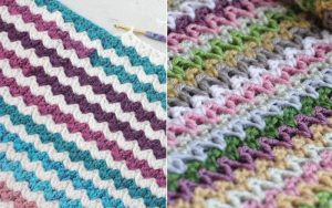 Close-up of crochet patterns: a blanket with blue, white, and purple zigzags; another featuring a multicolored zigzag design with pink, green, and gray. Each pattern showcases a beautifully textured appearance.
