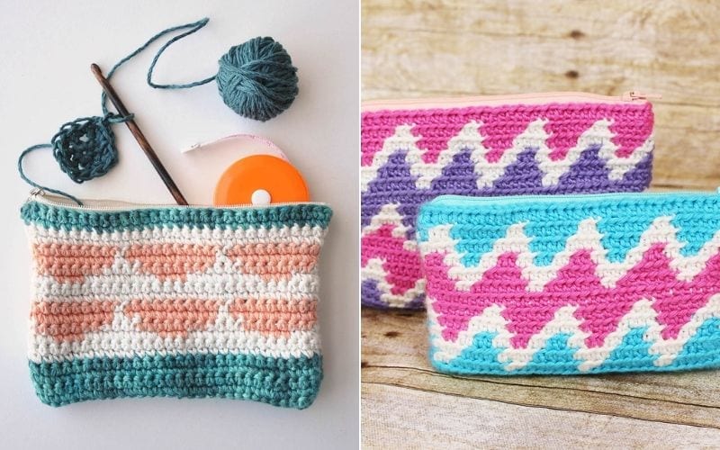 Crocheted zippered pouches showcasing colorful geometric patterns, resembling mini hexagon afghans. One pouch is partially crafted with teal yarn and a crochet hook, perfect for those inspired by free crochet patterns.