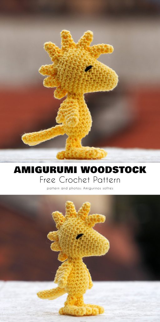Crocheted yellow bird figurine with spiky head feathers, black eyes, and tail, shown in two angles. Perfect for fans of amigurumi birds. Text reads: โAMIGURUMI WOODSTOCK Free Crochet Pattern.โ.