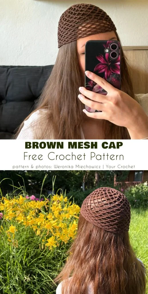 A woman with long brown hair wears a brown crochet mesh cap, shown from the back and side; text promotes easy crochet sunhat patterns and a free crochet pattern.