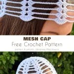 A person wearing a white crochet mesh cap; reminiscent of Easy Crochet Sunhats, the cap features a geometric, openwork pattern and covers the top and back of the head.