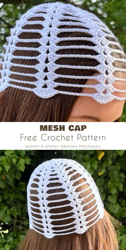 A person wearing a white crochet mesh cap; reminiscent of Easy Crochet Sunhats, the cap features a geometric, openwork pattern and covers the top and back of the head.