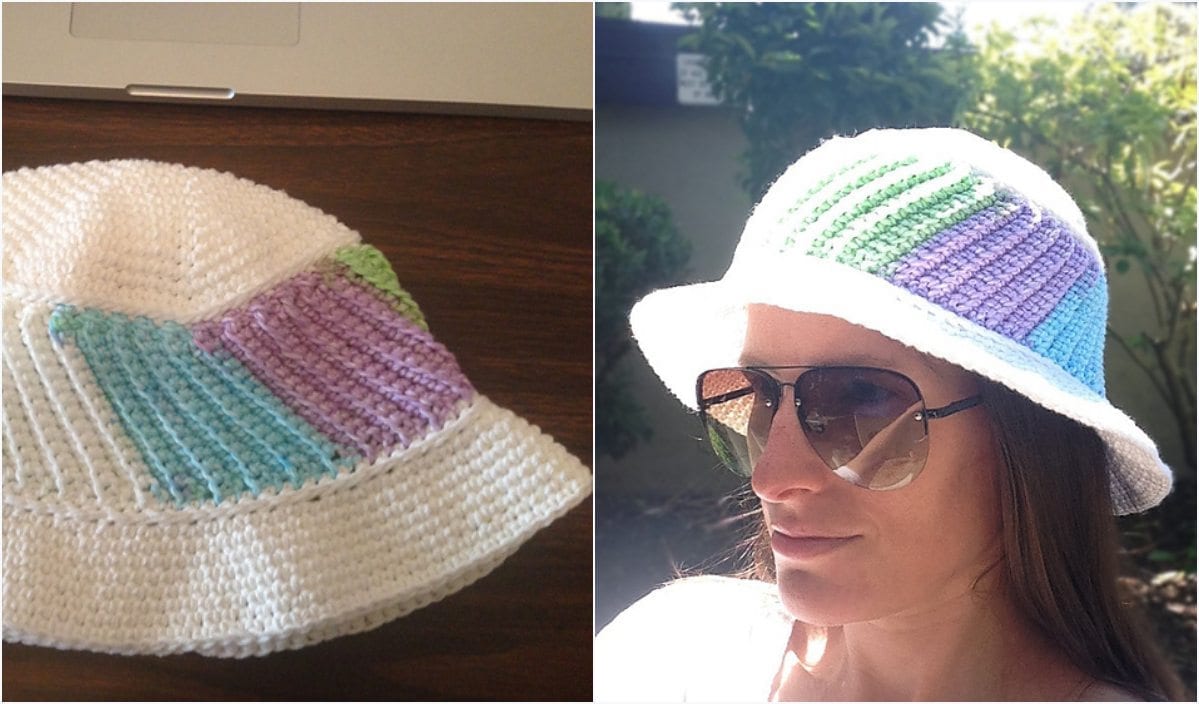 A woman wears a Color Splash Sun Hat, a crocheted white bucket hat with blue, purple, and green stripes. Another image shows the vibrant hat on a table, showcasing the intricate crochet pattern.