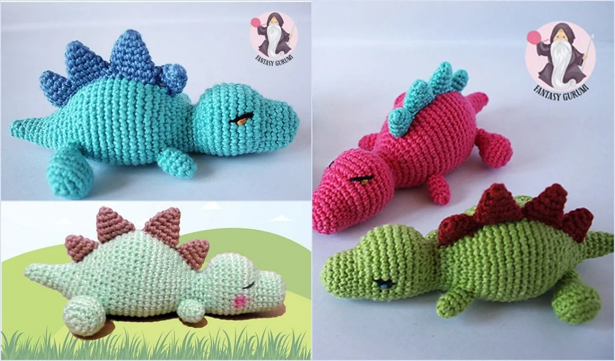 Three cute crochet dinosaur toys in blue, pink, and green with colorful spikes are displayed on a plain background and a grassy illustration. Perfect for those following a free crochet pattern to create their own sleeping baby dino collection.