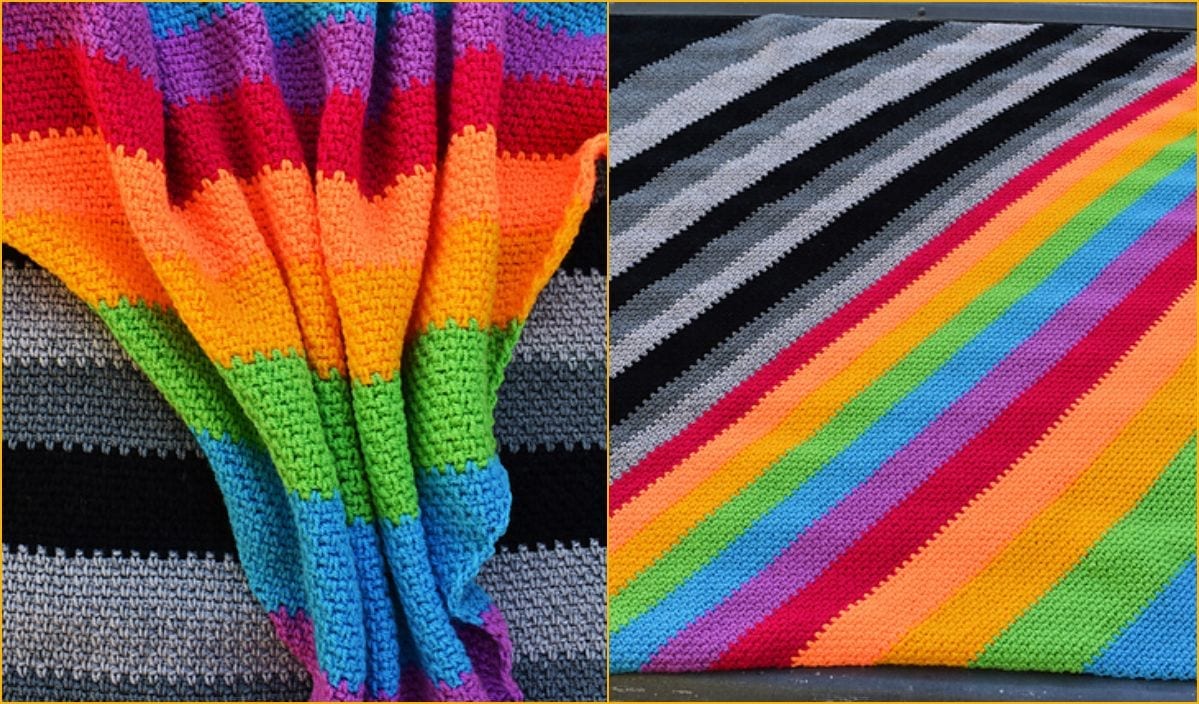 Explore our cozy collection with two stunning knitted blankets: one features wavy multicolored stripes in vibrant hues, while the other showcases straight stripes on a sleek gray and black backdrop. Discover these beautiful pieces alongside a free crochet pattern for your next project.