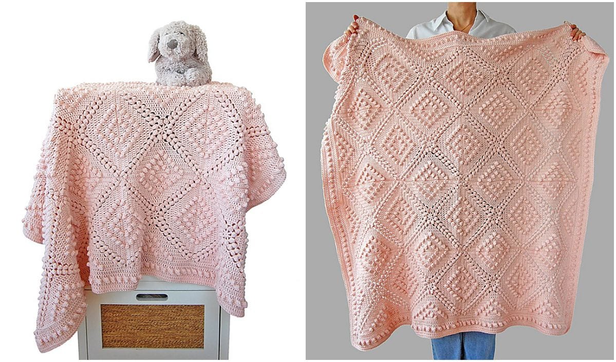 Two images of a pink Fenya Blanket with a diamond pattern. Left: draped over a basket with a gray plush toy on top, exuding vintage style. Right: held by a person against a gray background.