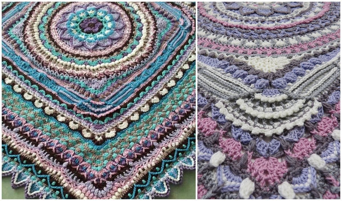 Close-up of a colorful crocheted blanket with intricate geometric patterns in blue, purple, pink, and white hues, reminiscent of a vibrant Spill Shawl.