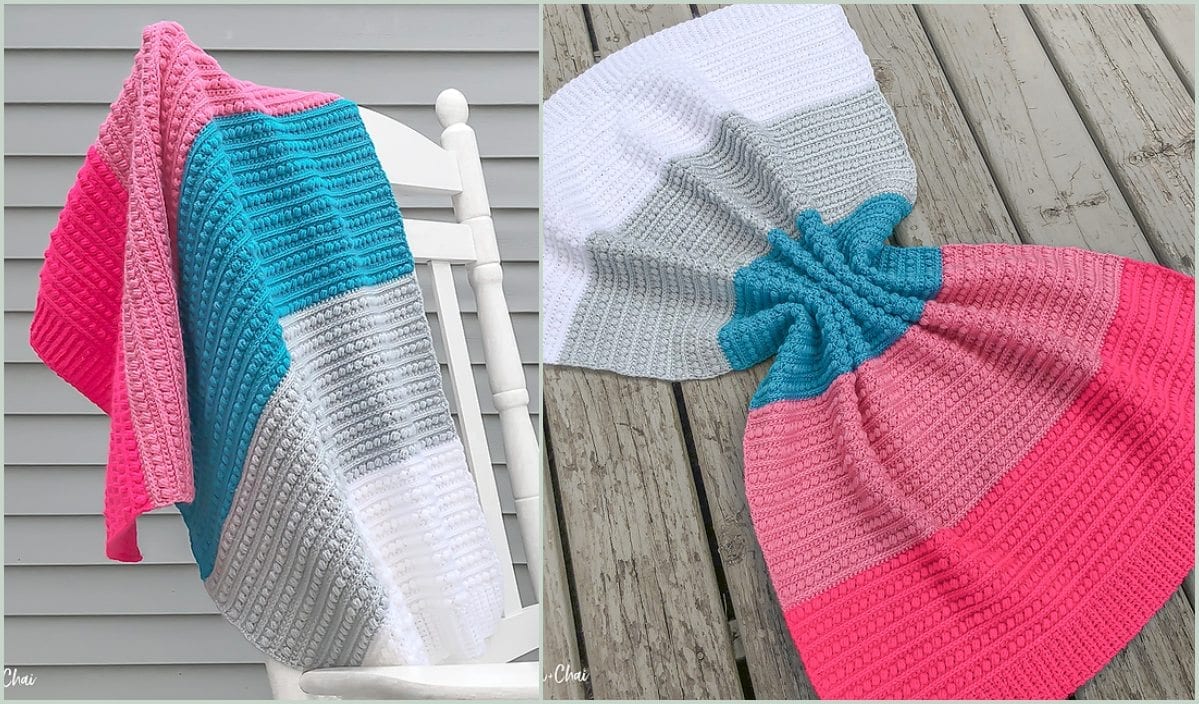 Two images showcasing the Malia Baby Blanket, featuring a crochet pattern in pink, teal, gray, and white. It's elegantly draped over a white chair and beautifully spread on wooden flooring.