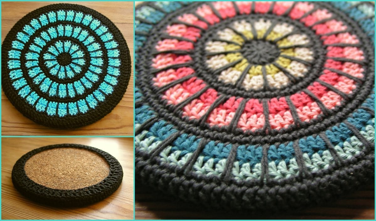 Crocheted circular mat with colorful, geometric patterns in blue, pink, yellow, and white; also available as a cork-backed Mandala Hot Pad.