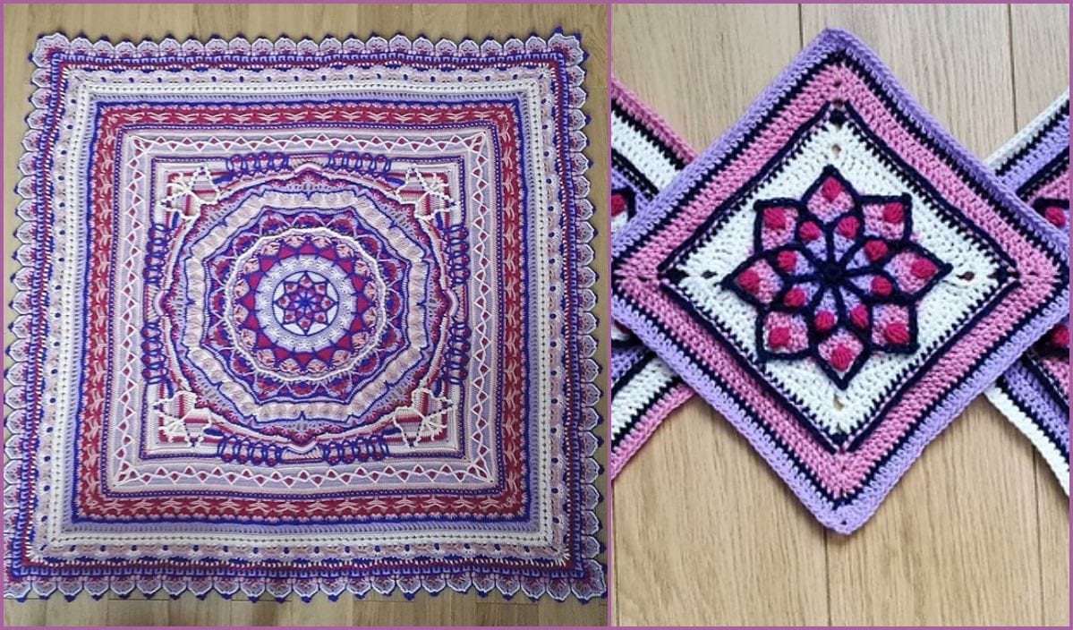 Two intricately crocheted square blankets, one featuring concentric patterns on the left and floral motifs on the right, displayed on a wooden floor, are examples from the Myriad CAL's free crochet pattern collection.