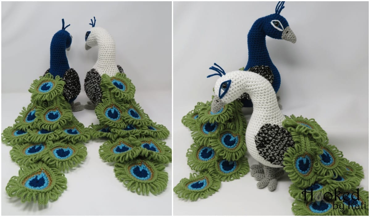 Two crocheted peacocks, one white and one blue, with detailed green and blue feather tails, are displayed side by side. To create your own masterpiece like this, check out the free tutorial available in video form.