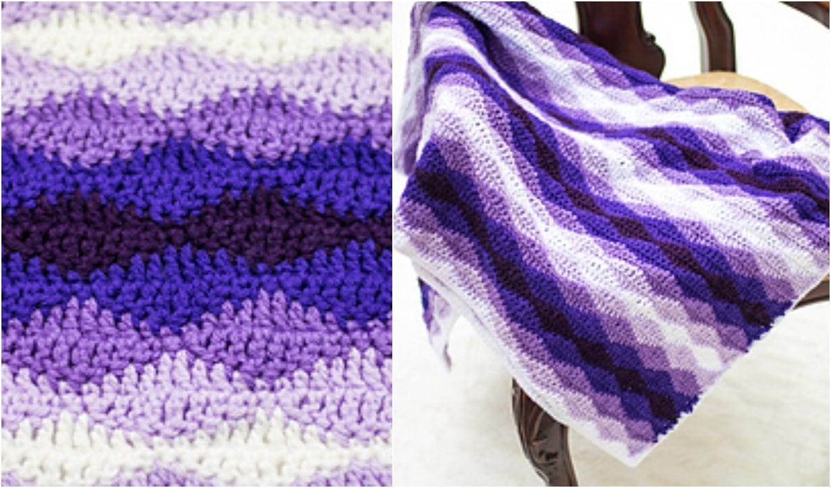 Two images of crochet blankets: the left showcases the intricate details of wavy stripes from the Rolling Waves Blanket, while the right presents a charming plaid design draped over a chair. Check out our free crochet pattern to create your own stunning Crochet Blanket.