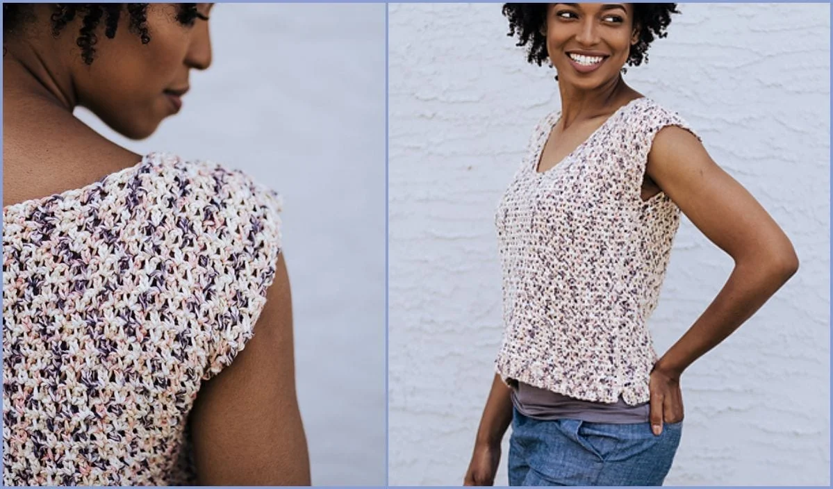 A woman in a textured, sleeveless knit tank top with a delicate crochet pattern stands against a light wall, viewed from the side and back.