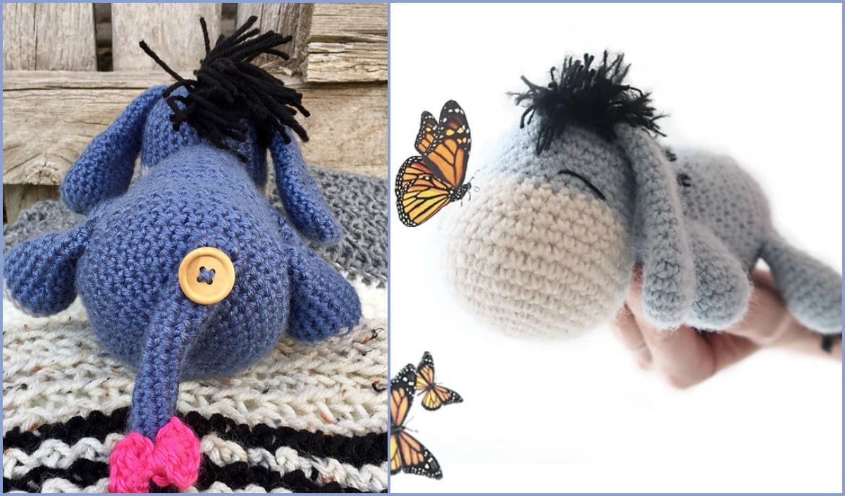 Two delightful crocheted donkey toys: one with a button tail and black mane, lying down; the other held up, surrounded by butterflies. Both feature blue-grey bodies and evoke a playful spirit, as if inspired by a free crochet pattern perfect for summertime fun.