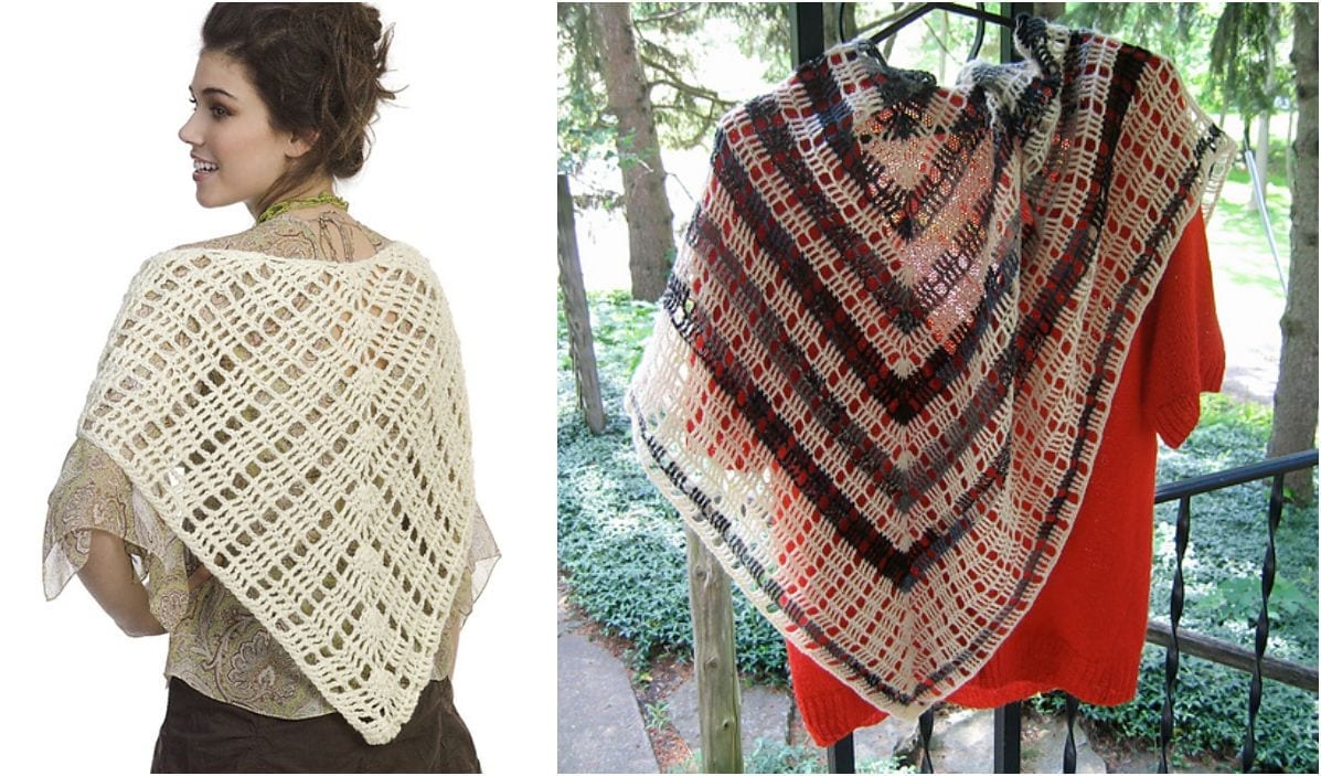 Two crochet shawls displayed: one worn by a person, the other hanging on a balcony. The shawls, with their intricate crochet patterns, showcase a mix of light and dark yarns, reminiscent of the detail found in an exquisite owl basket design.