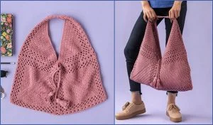 A crochet bag with a diamond and lace pattern in dusty pink, showcased lying flat and elegantly carried by a person in jeans and beige shoes. The intricate crochet pattern adds a unique touch to this stylish accessory.