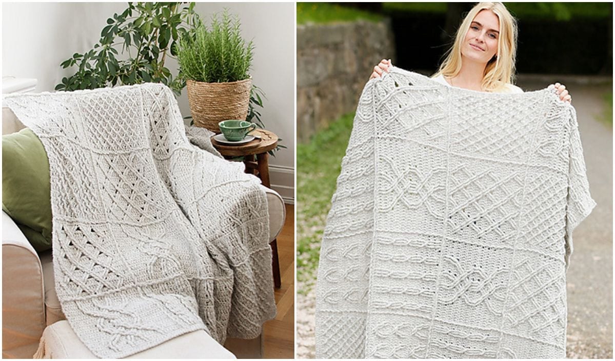 Two images showcase the Celtic Comfort Afghan with intricate crochet patterns. On the left, it elegantly drapes over a sofa, and on the right, a person proudly displays this cozy creation outdoors.