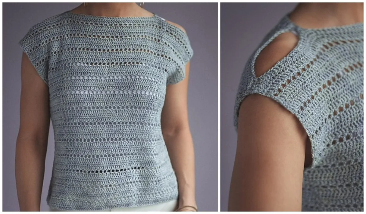 A person wearing a light blue, short-sleeved crochet top with intricate patterns and open shoulder tee details, reminiscent of the delicate flow of cirrus clouds.