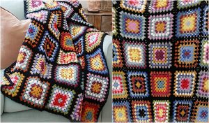 A Granny Hugs Blanket with colorful granny square patterns is draped over a couch, alongside a detailed view showcasing its vibrant colors and intricate design.