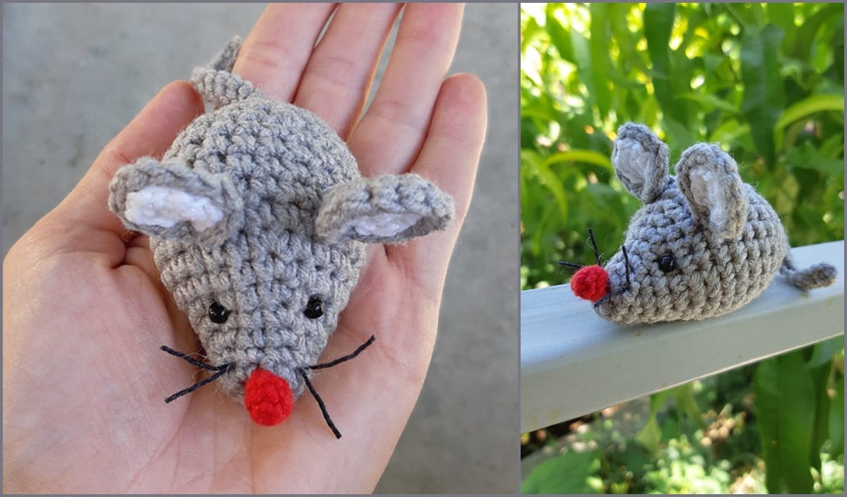 A hand holds a small crocheted gray mouse toy with a red nose, while another image shows the charming creation perched on a railing, greenery in the background. Perfect for those seeking inspiration from free crochet patterns.